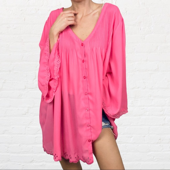 Pink Flowy Pleated Button Down Front Eyelet Scallops Wide Sleeve Peasant Blouse - Picture 3 of 9
